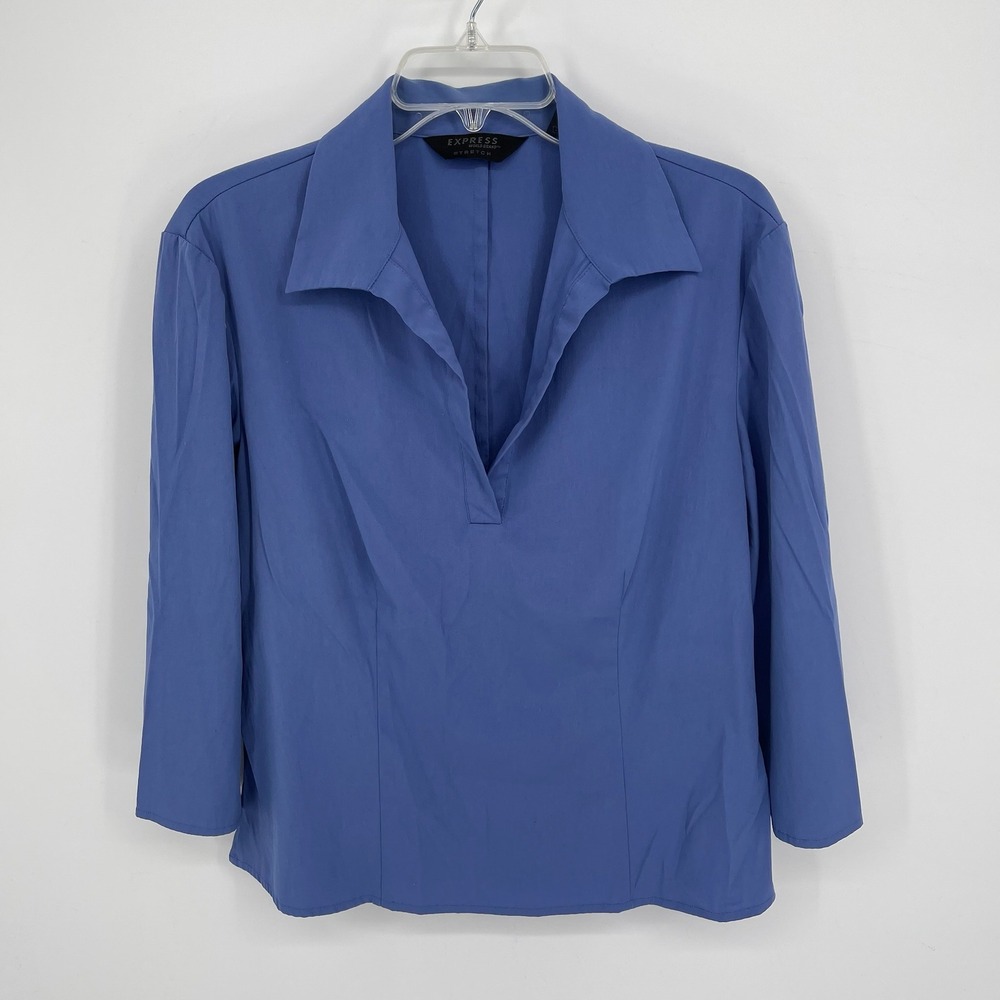 Express Women's Blue Stretch Collared 3/4 Sleeve Pullover Blouse‎ Top Size 9-10